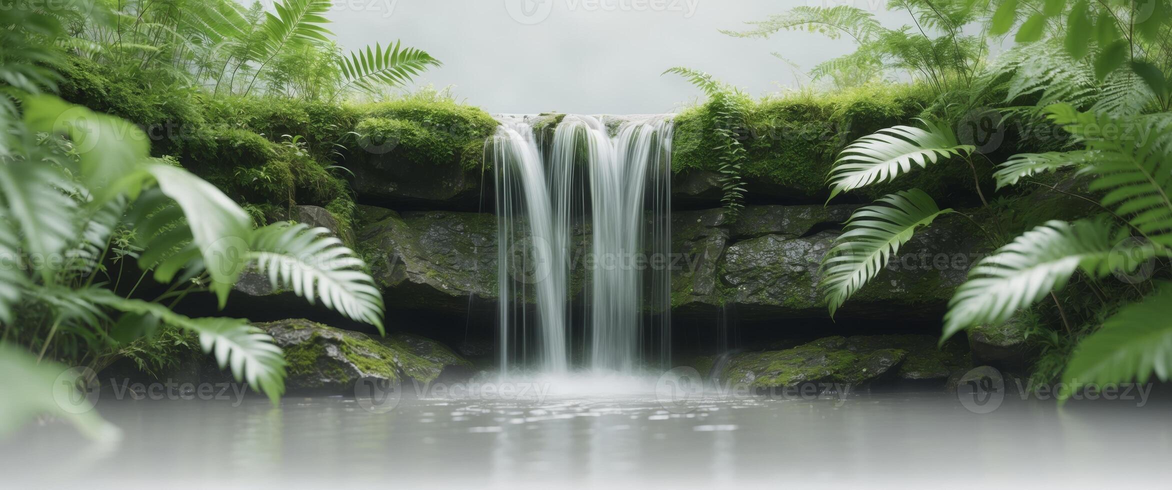 Serenity in Nature with Tranquil Waterfall and Lush Green Foliage. photo