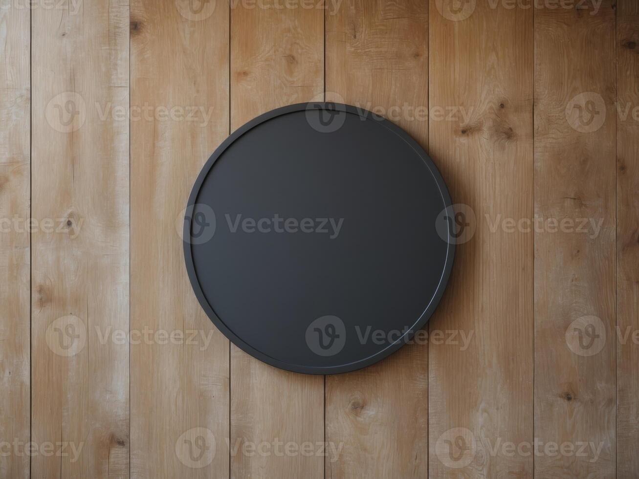 Close up circle black blank empty mockup of street store template signboard on empty wood wall. photo