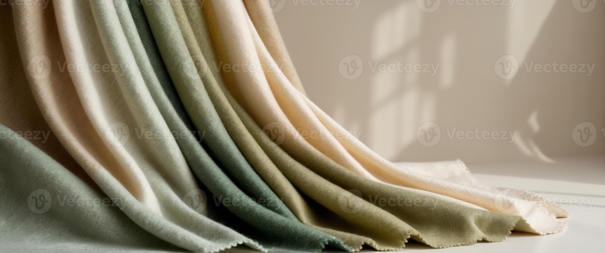 Luxurious Organic Wool Fabric Swatches in Gradient Natural Colors on Bright Neutral Background. photo