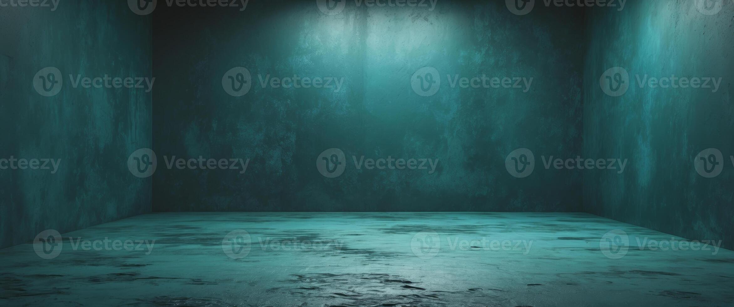Teal textured grunge wall background and matching floor creating a moody and dramatic atmosphere in an empty room. photo