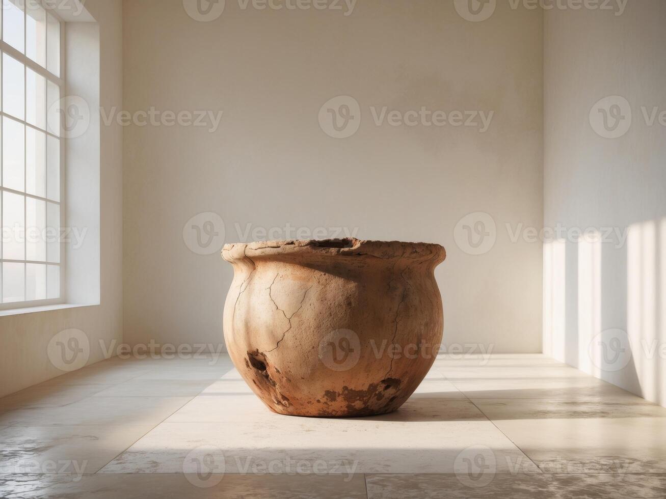 Simple interior design featuring a rustic pot in a bright empty room. photo