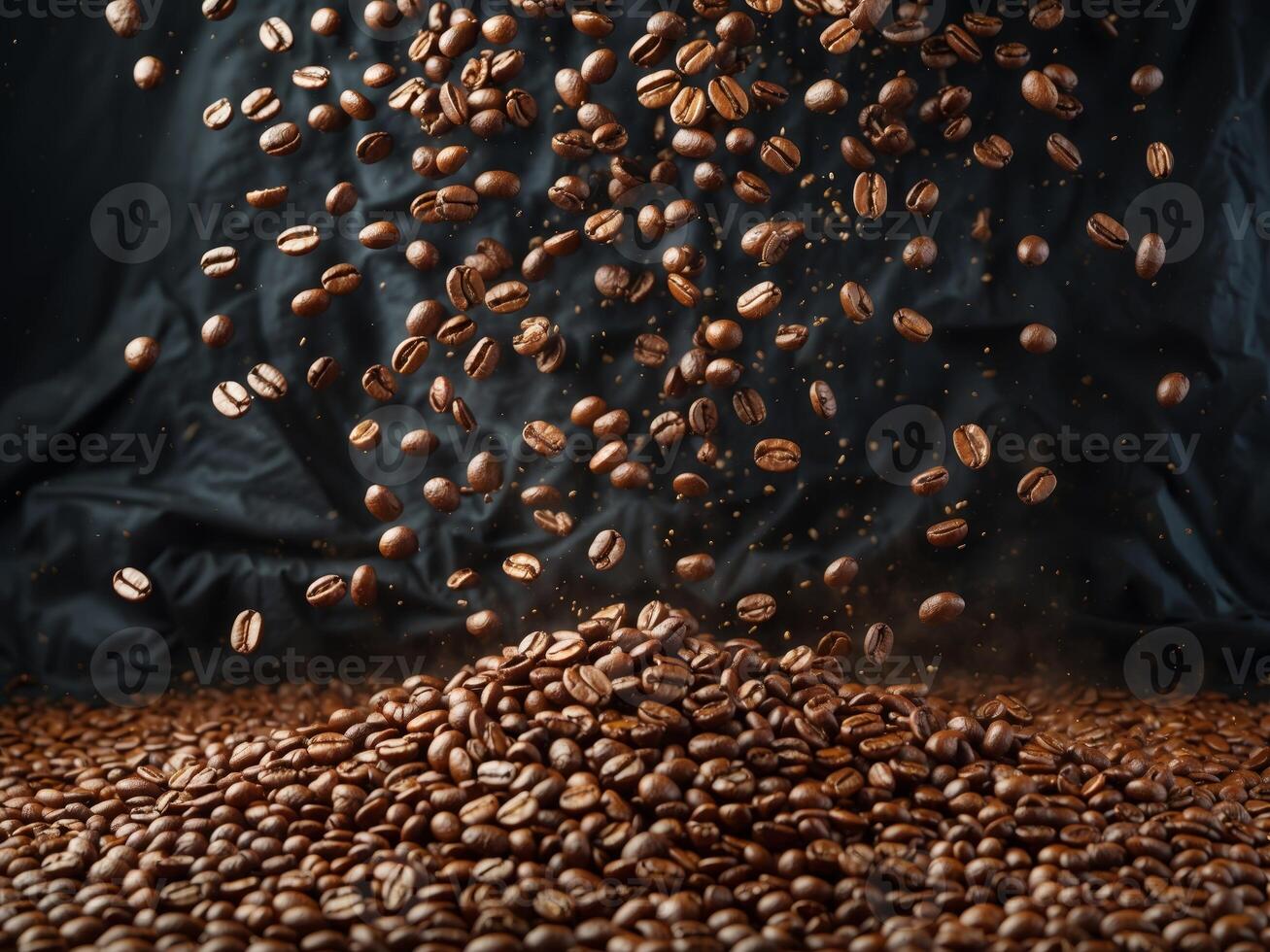 Coffee beans falling into the ground that is dark brown with a black background photo
