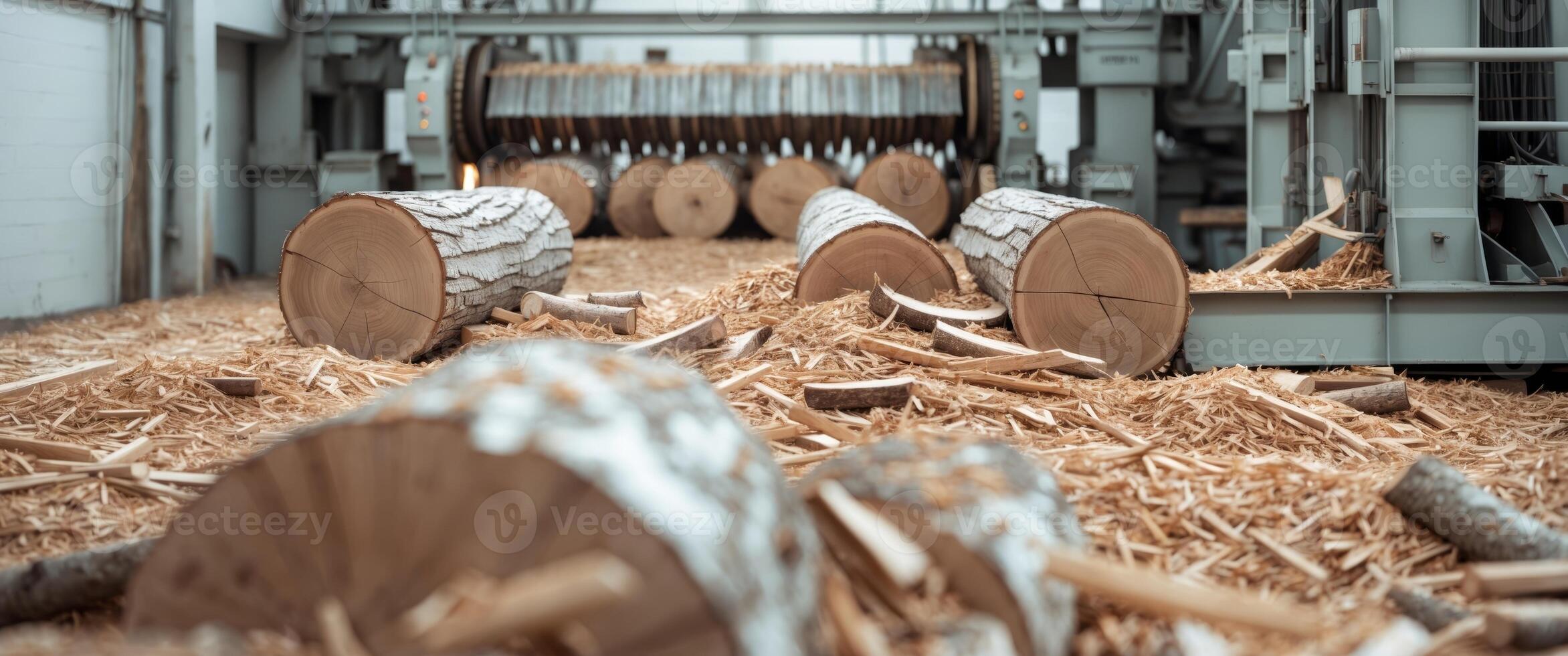 Sawmill processing freshly cut logs into lumber with wood chips photo