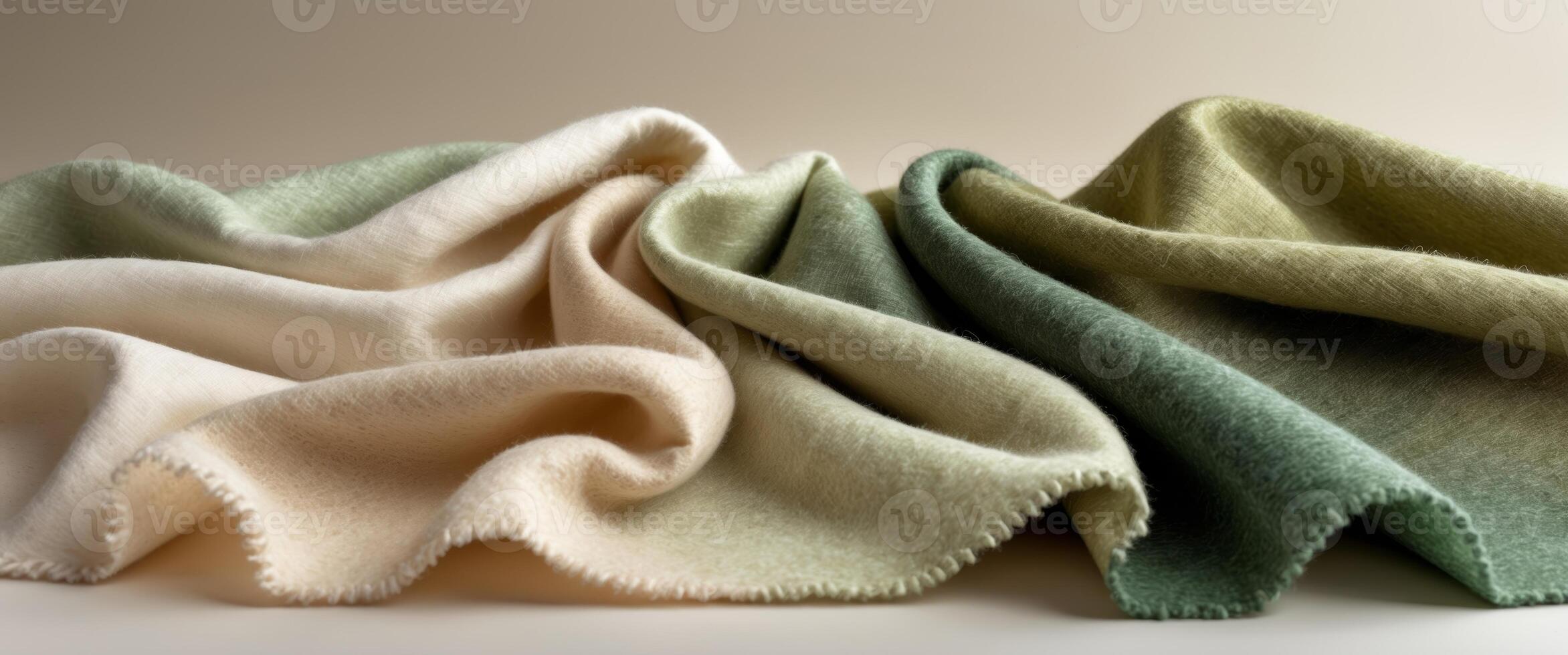Luxurious Organic Wool Fabric Swatches in Gradient Natural Colors on Bright Neutral Background photo