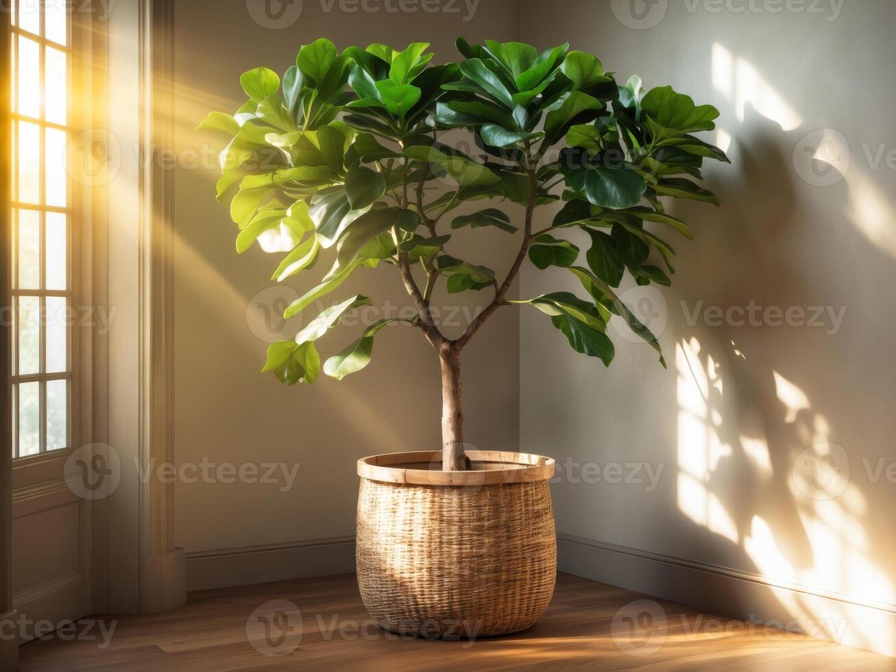 A tall fiddle leaf fig tree in a woven basket planter styled in a sunlit corner with neutral tones and wooden flooring for an elegant aesthetic. photo