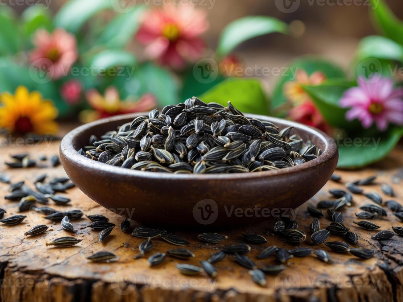 Black cumin seeds in wooden bowl on wooden table with green leaves and flowers in background Copy Space. photo