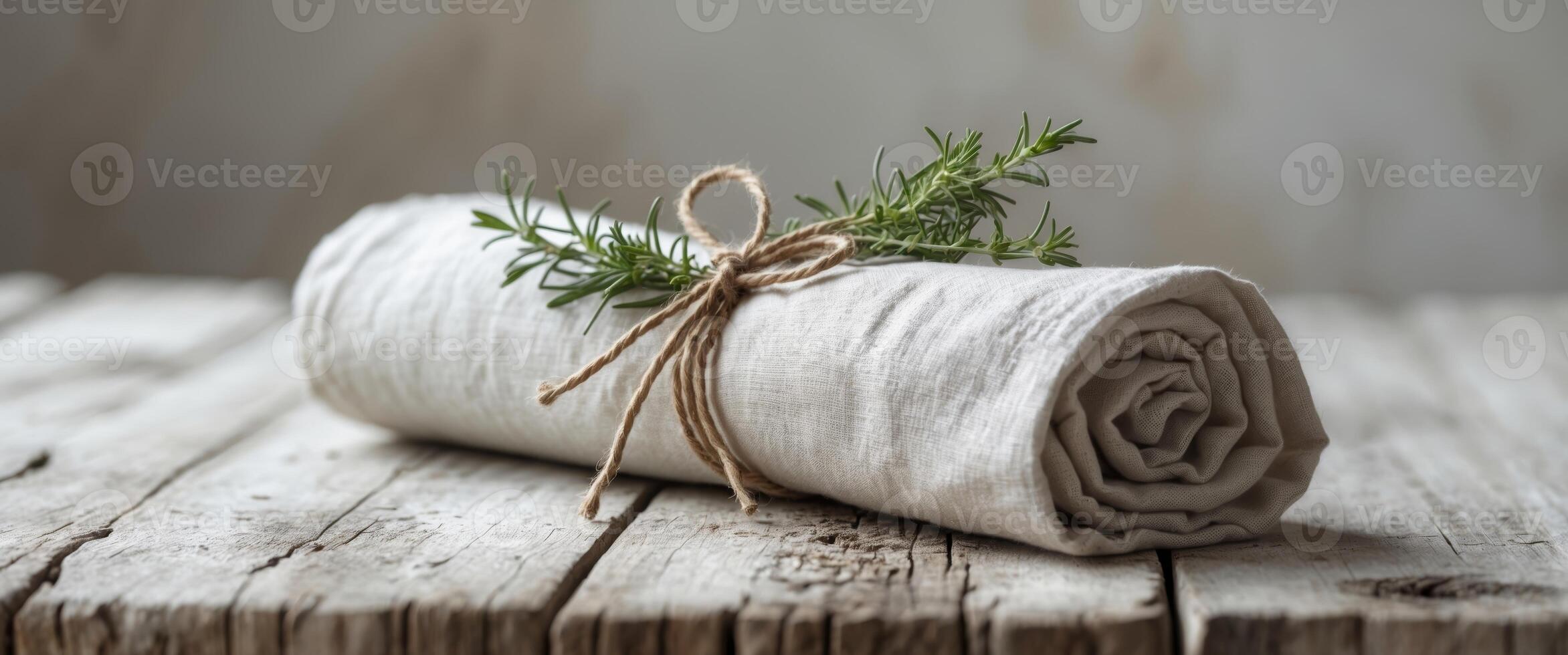 Elegant rolled linen napkin decorated with twine and fresh herbs on rustic wooden table setting. photo