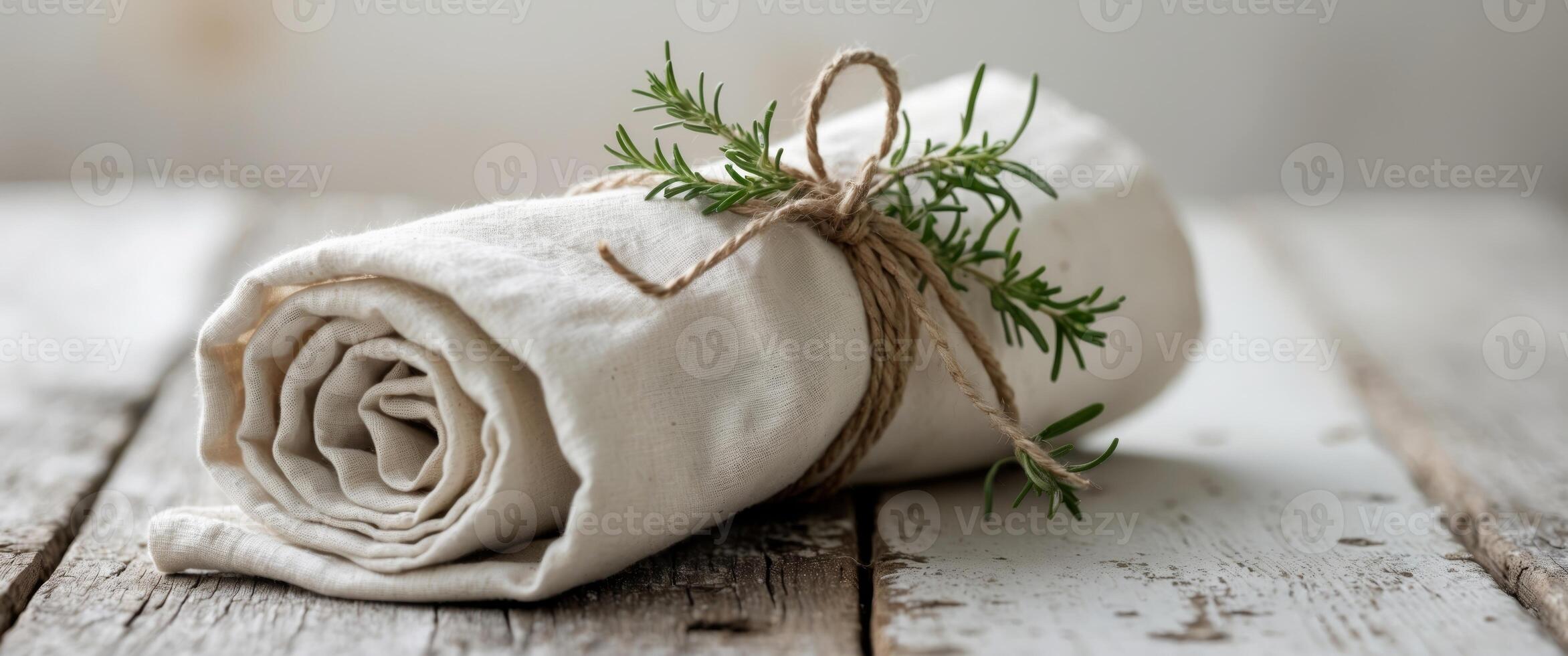 Elegant rolled linen napkin decorated with twine and fresh herbs on rustic wooden table setting photo