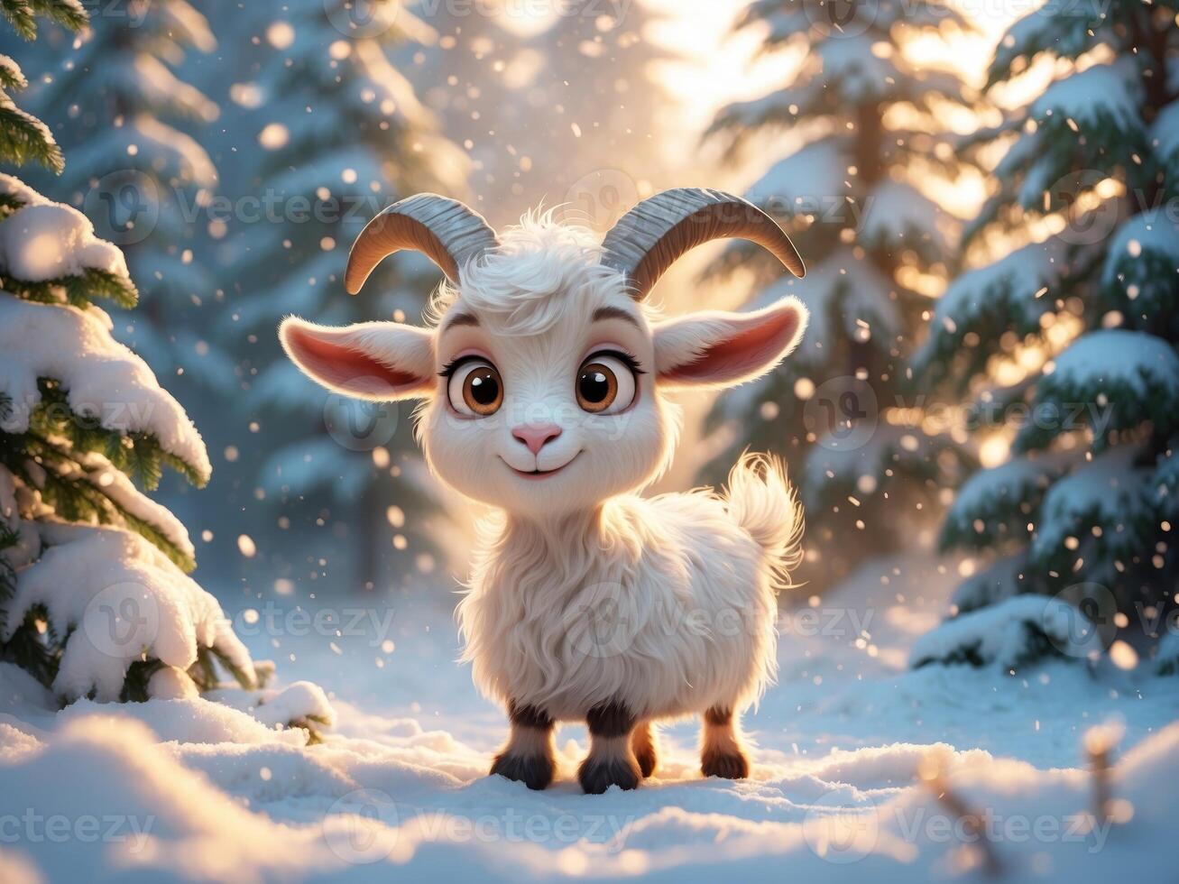 An adorable and cute cartoon goat situated in an enchanting snowy winter landscape scene. photo