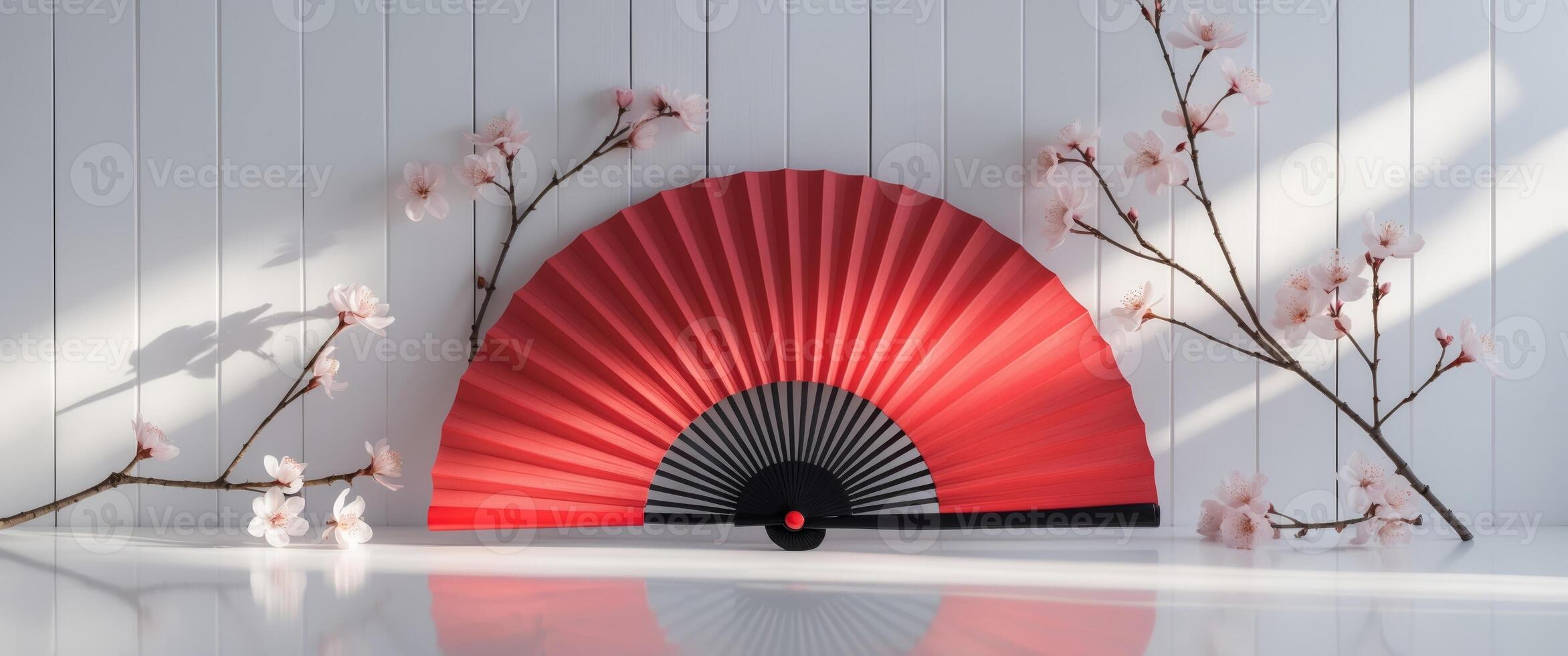 Beautiful composition of red hand fan and cherry blossoms branches on a white wooden background photo