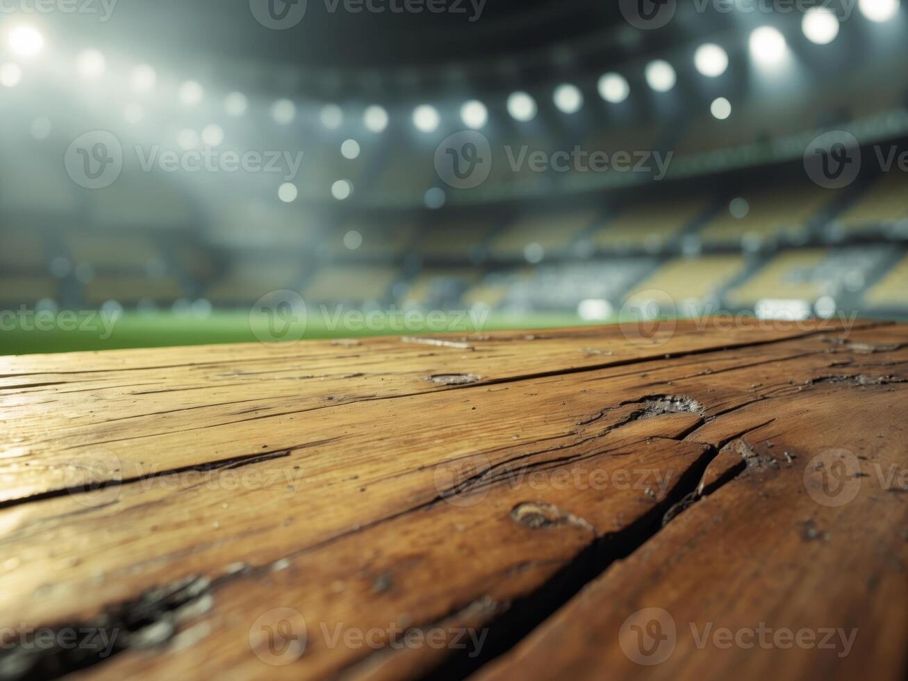 close up of empty wooden table with blurred soccer stadium arena background photo