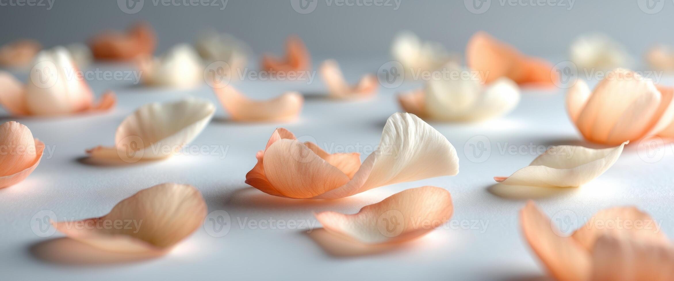 Delicate peach and cream flower petals scattered on a flat surface for decoration or craft projects photo