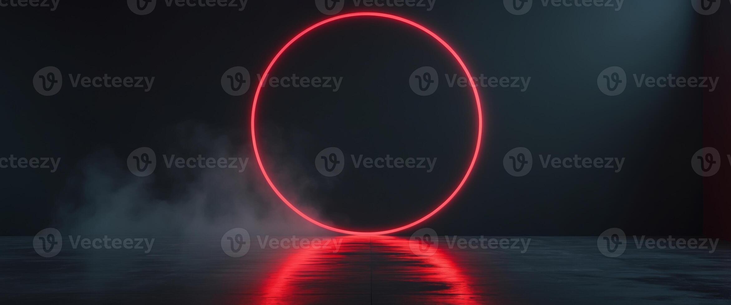 Neon Red Circle on Dark Background with Reflections on Floor. photo