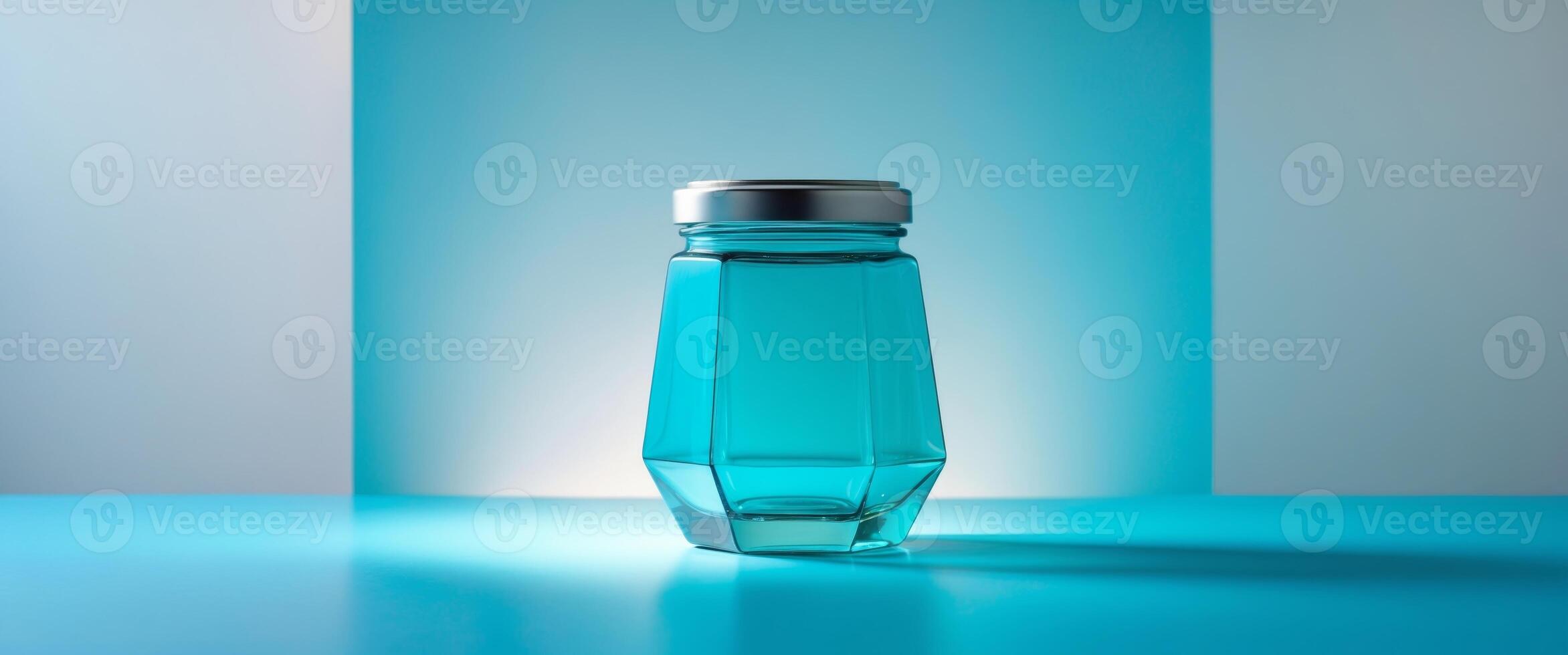 Stylish turquoise jar with silver lid on vibrant backdrop. photo