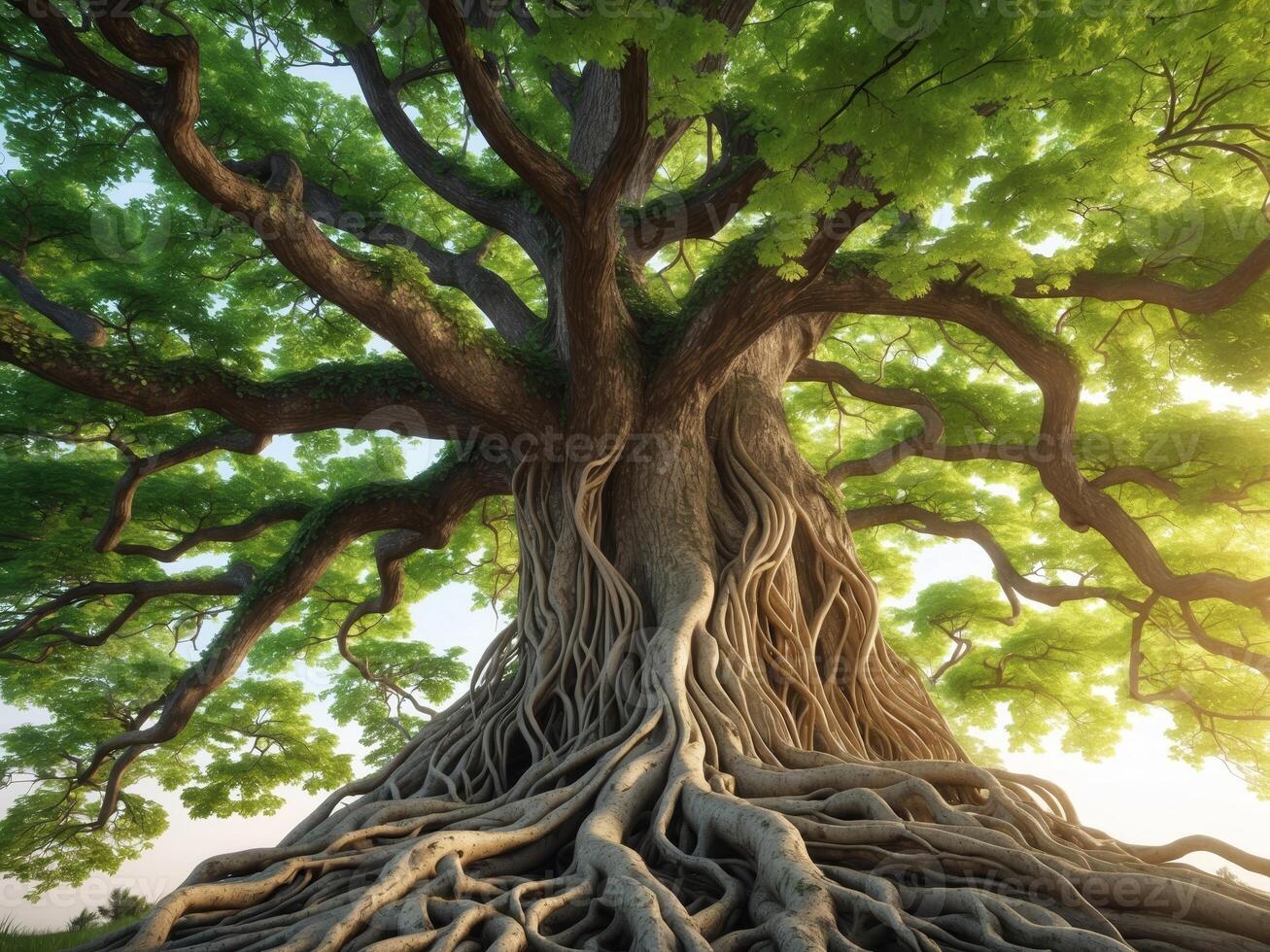 A majestic tree with sprawling roots and vibrant green leaves. photo