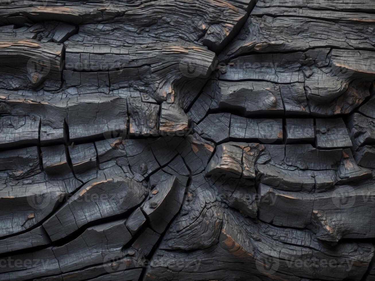 Black charred wood texture with deep cracks and crevices Copy Space. photo