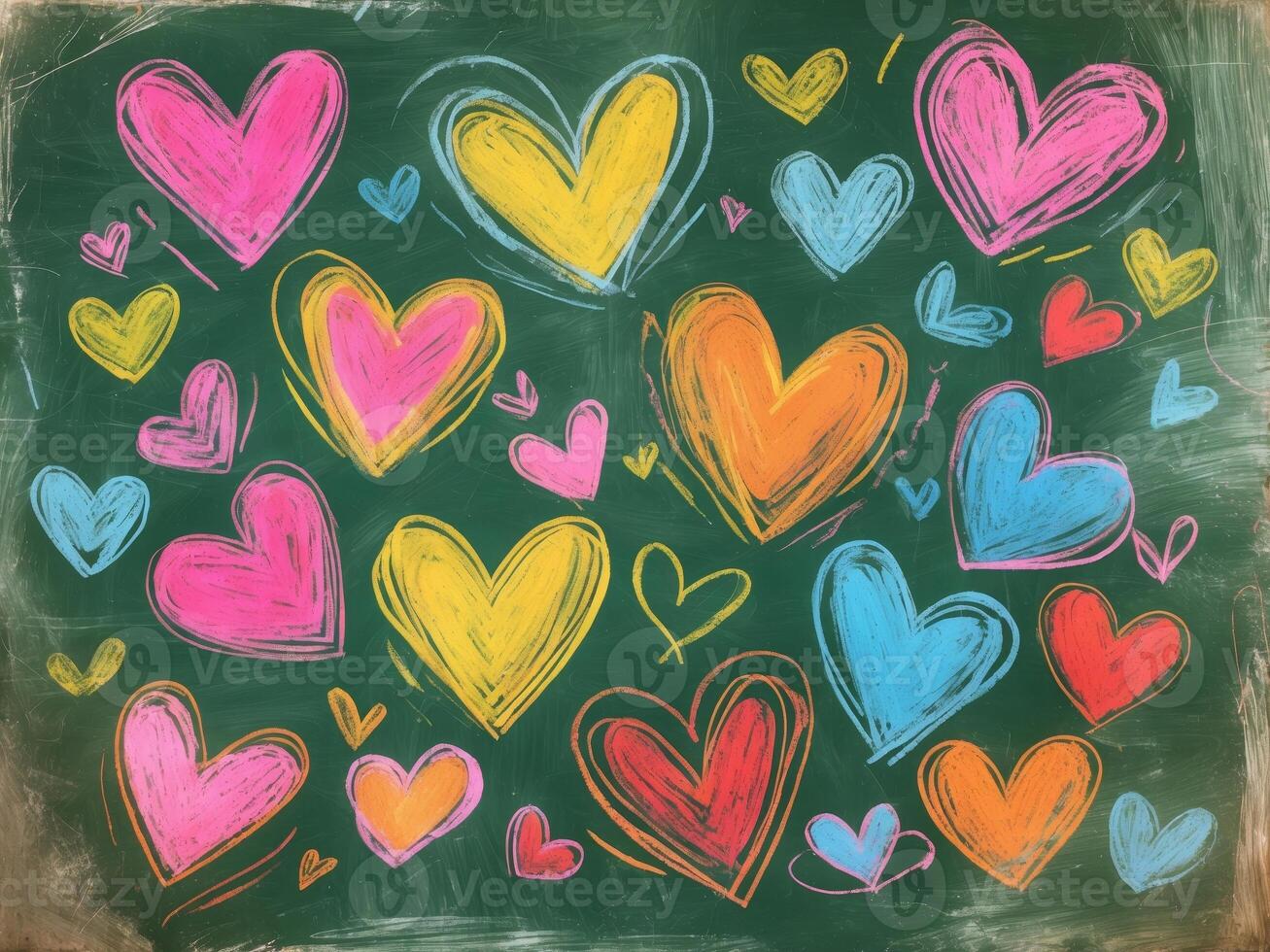 Hand drawing colorful hearts on a chalkboard background photo