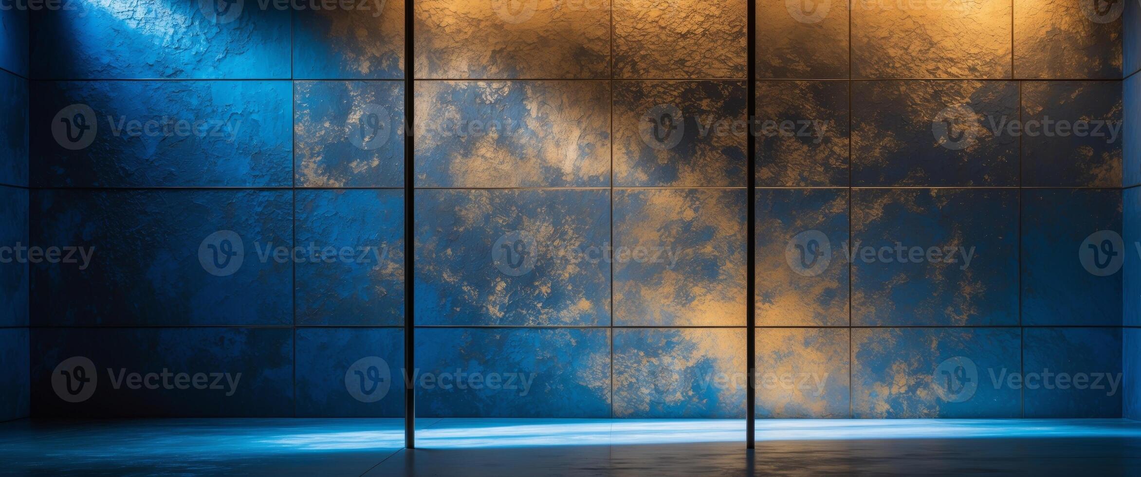 Abstract Expressionism Triptych Textured Panels in Deep Blues and Warm Golds with Dramatic Side Lighting. photo