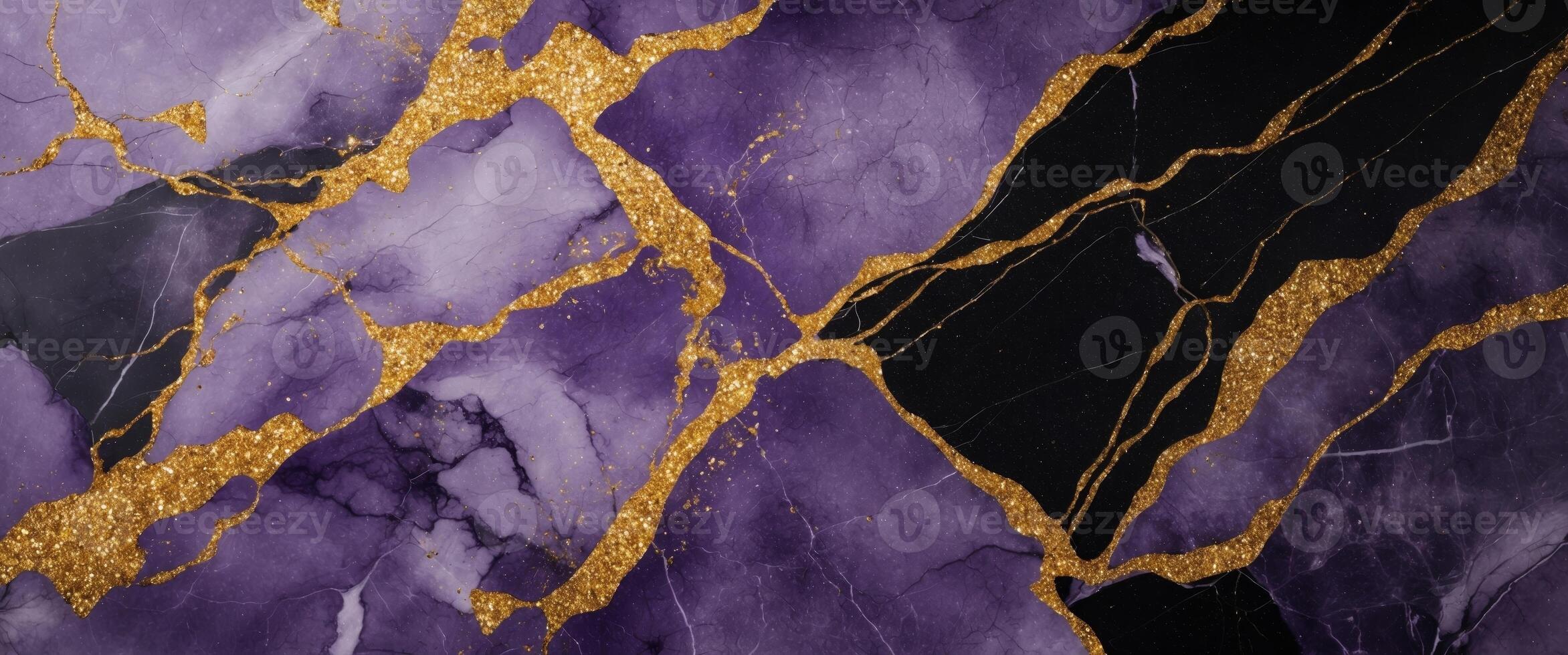 Purple and black marble background with gold glitter veins for luxury design photo