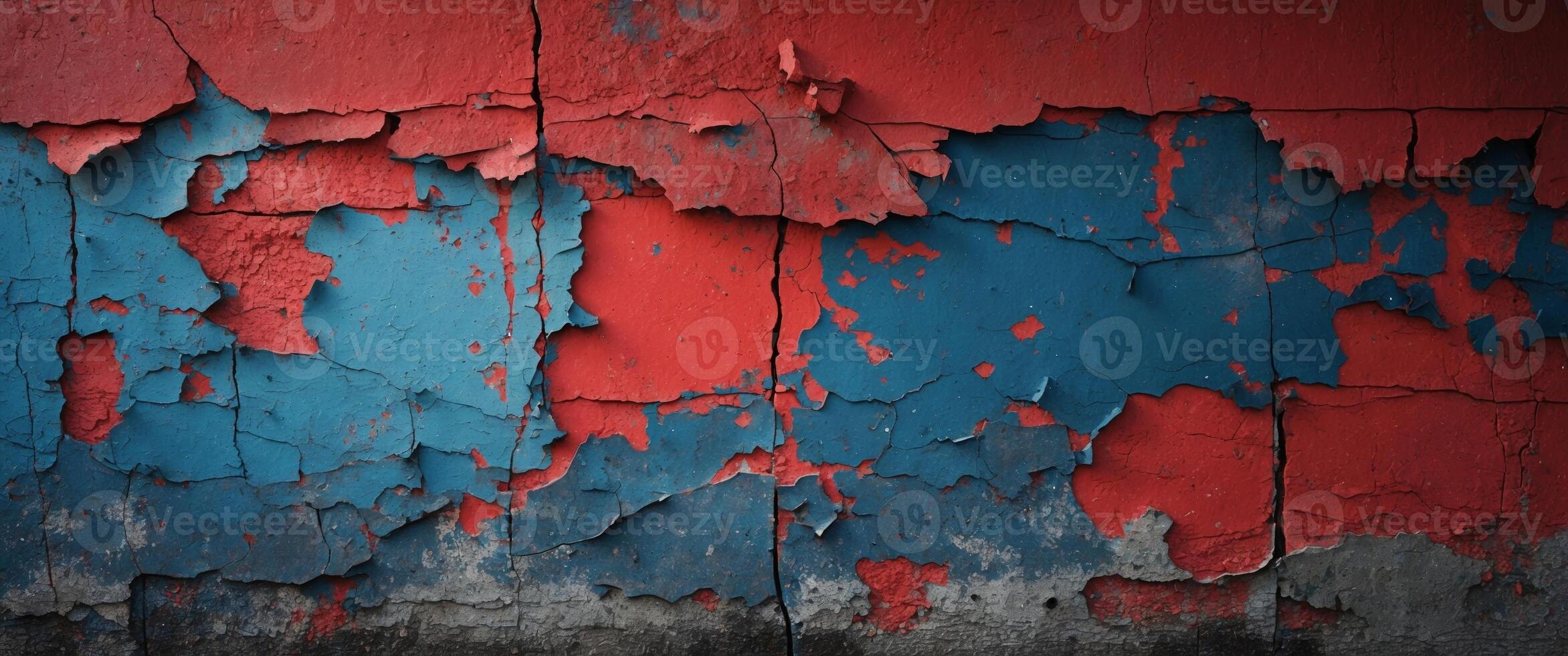 Red and blue grunge wall texture presenting distressed urban background with open negative space for graphic design projects. photo