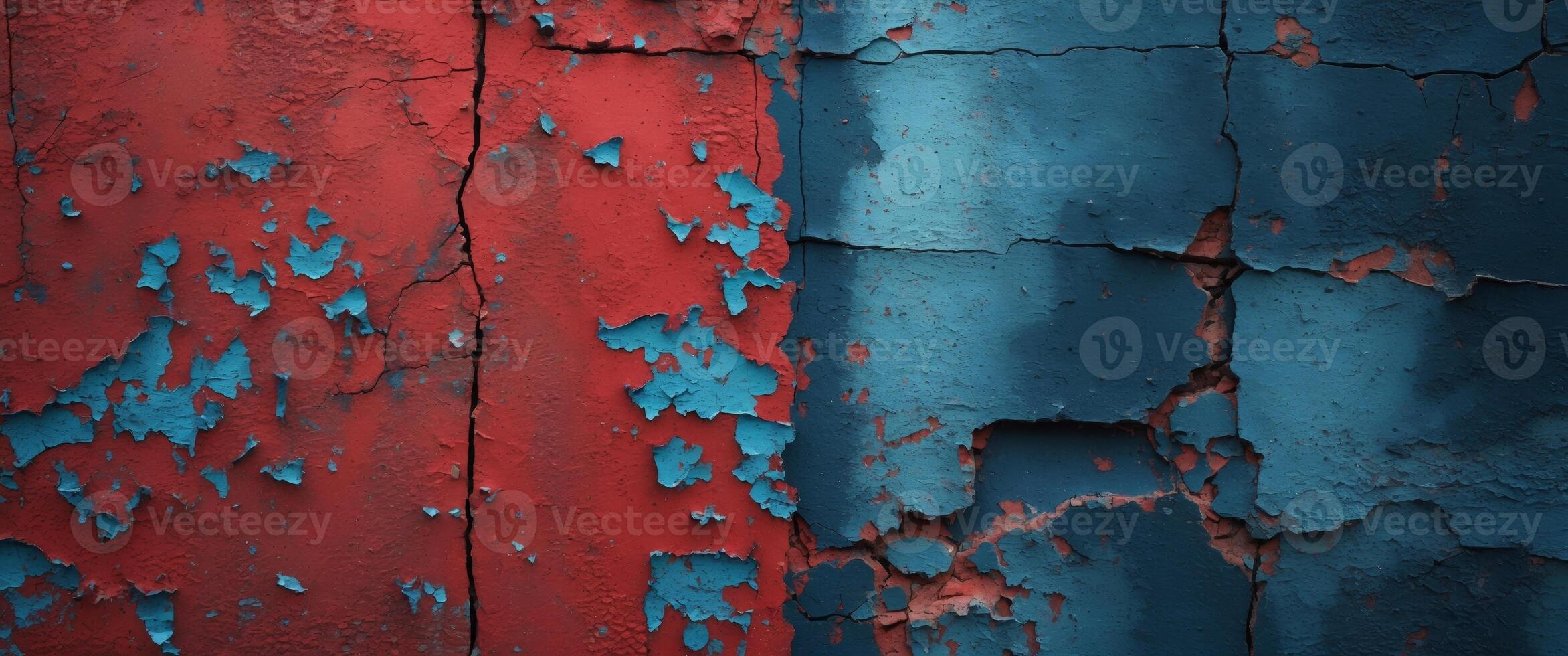 Red and blue grunge wall texture presenting distressed urban background with open negative space for graphic design projects photo