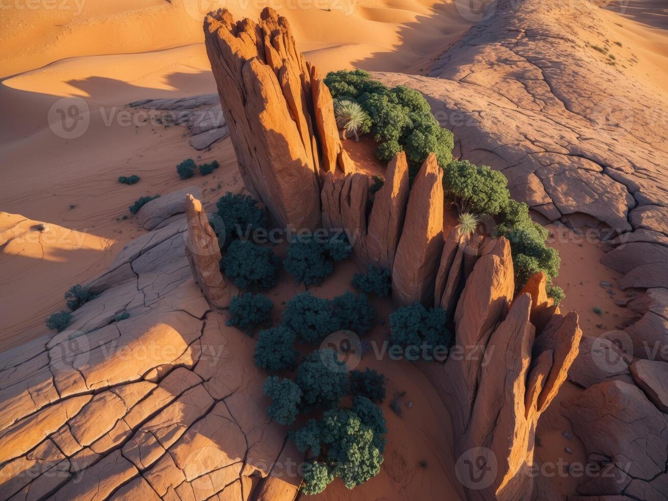 Aerial view of a large rock formation in a vast desert with dark green vegetation. photo