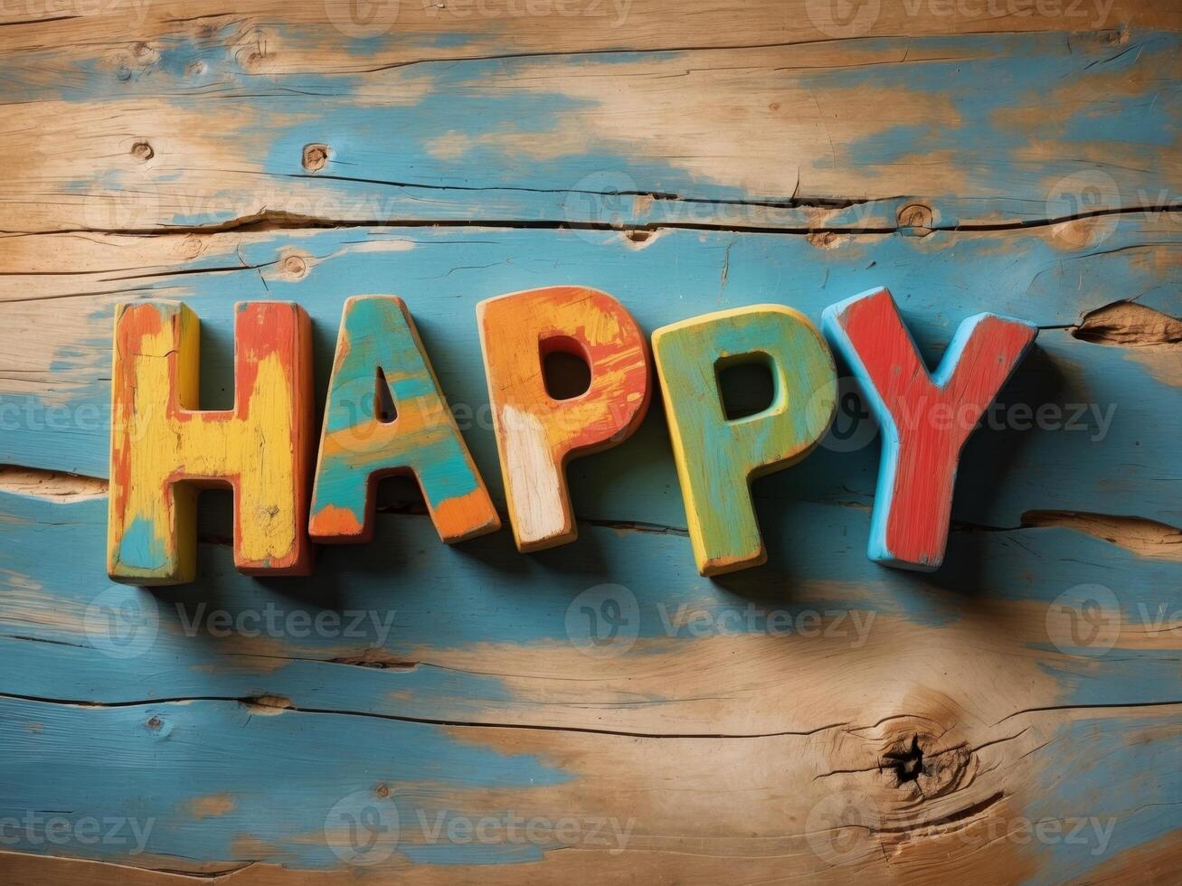 Colorful wooden alphabet blocks spelling the word happy on a rustic wooden surface photo