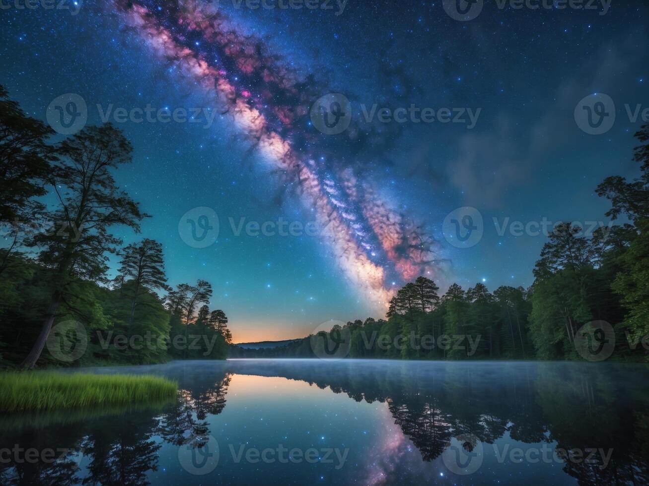 Breathtaking view of the stunning Milky Way stretched across a serene landscape at night. photo