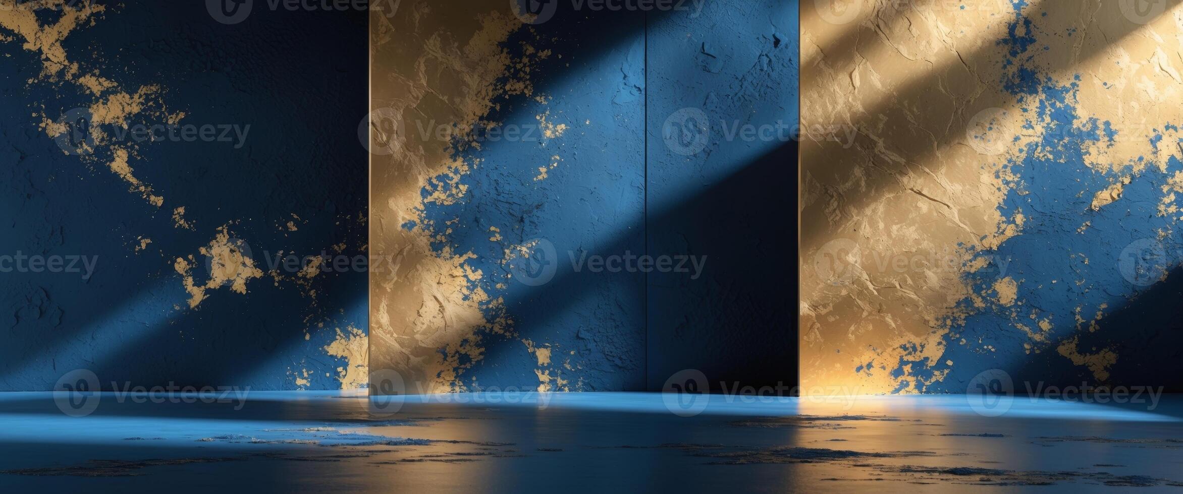 Abstract Expressionism Triptych Textured Panels in Deep Blues and Warm Golds with Dramatic Side Lighting photo