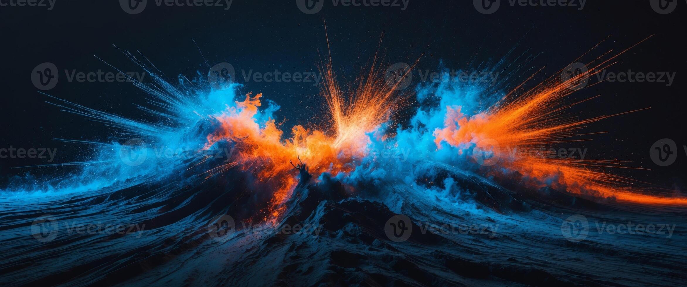 Explosive clash of blue and orange lights in darkness represents the dynamic conflict between light and darkness photo