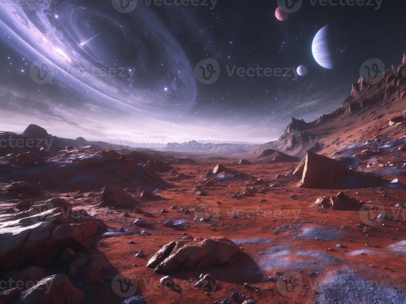 Rocky Surface of an Alien Planet with Blurred Stars and Planets in the Background photo