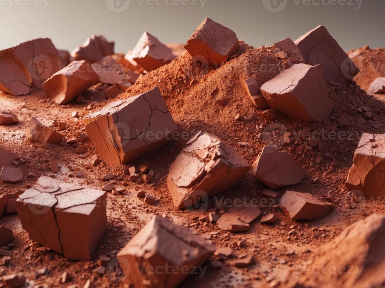 Red Clay Texture Broken Chunks and Powder. photo