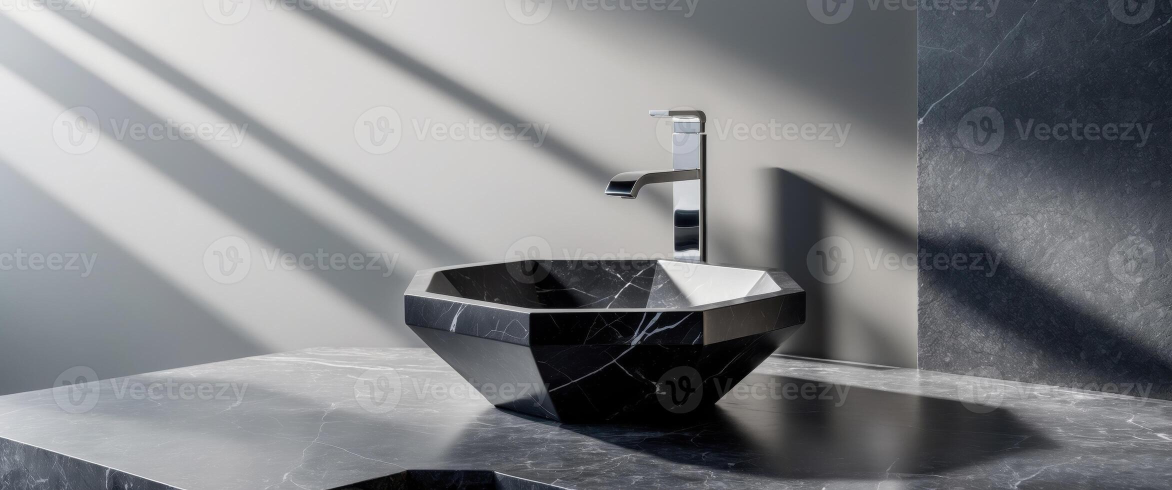 Hexagonal black marble vessel sink on dark gray stone background with sleek faucet showcasing modern elegance in bathroom design aesthetics. photo