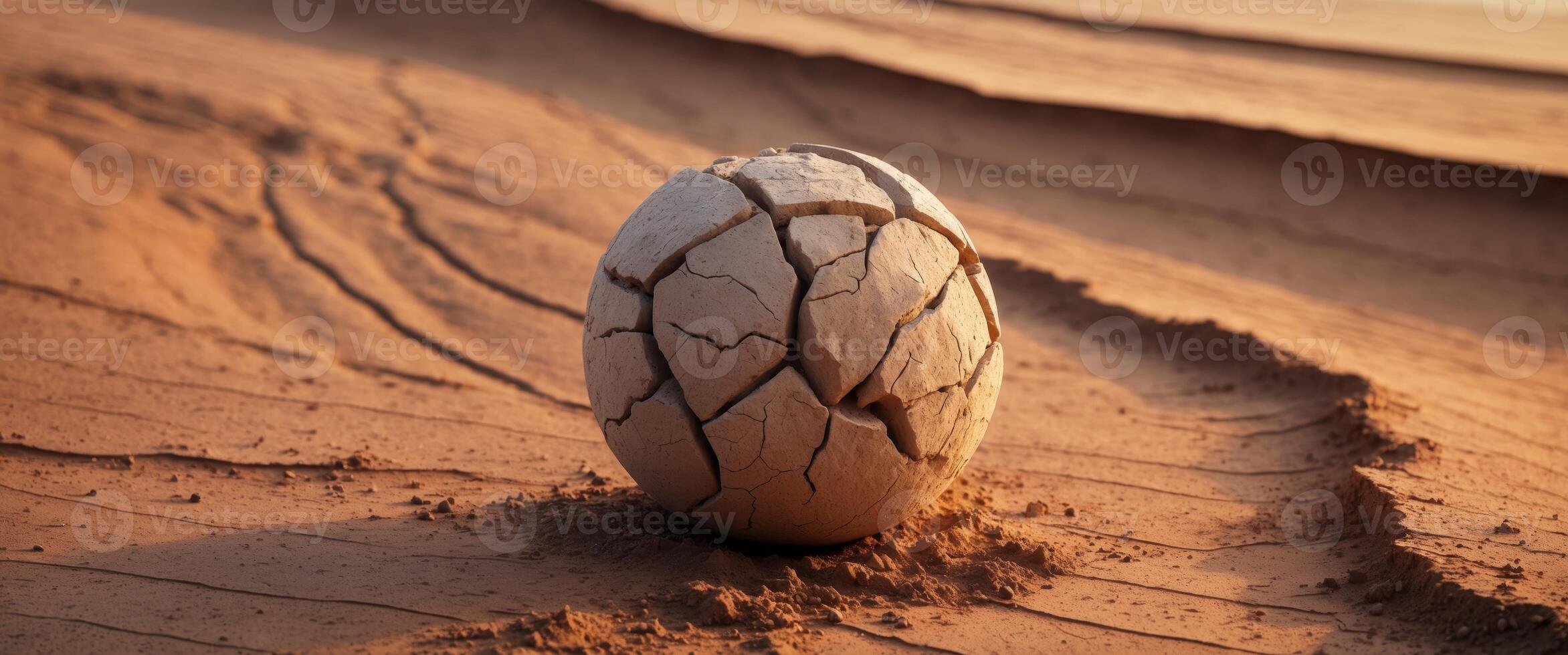 Cracked dried clay ball rests gently on warm earth under a golden sun photo
