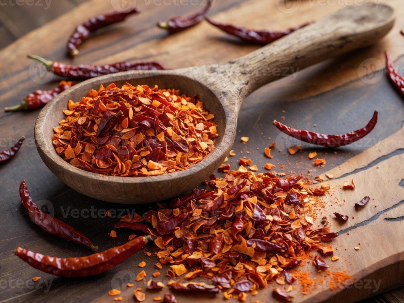 Wooden spoon is showing dried chili flakes and powder with whole dried chilies on a wooden cutting board in background photo