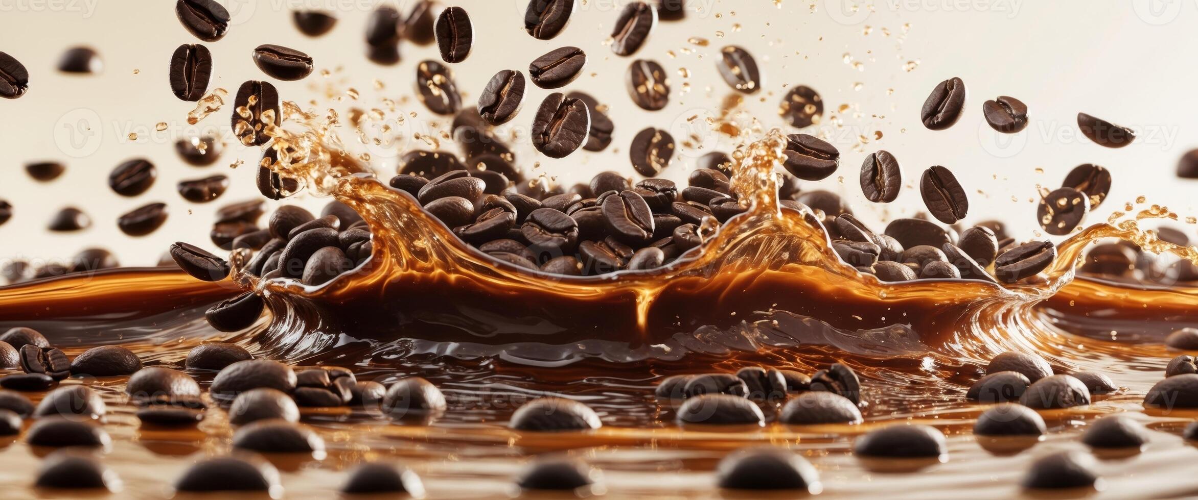 Coffee beans splash into rich liquid creating dynamic waves of energy in a vibrant setting photo