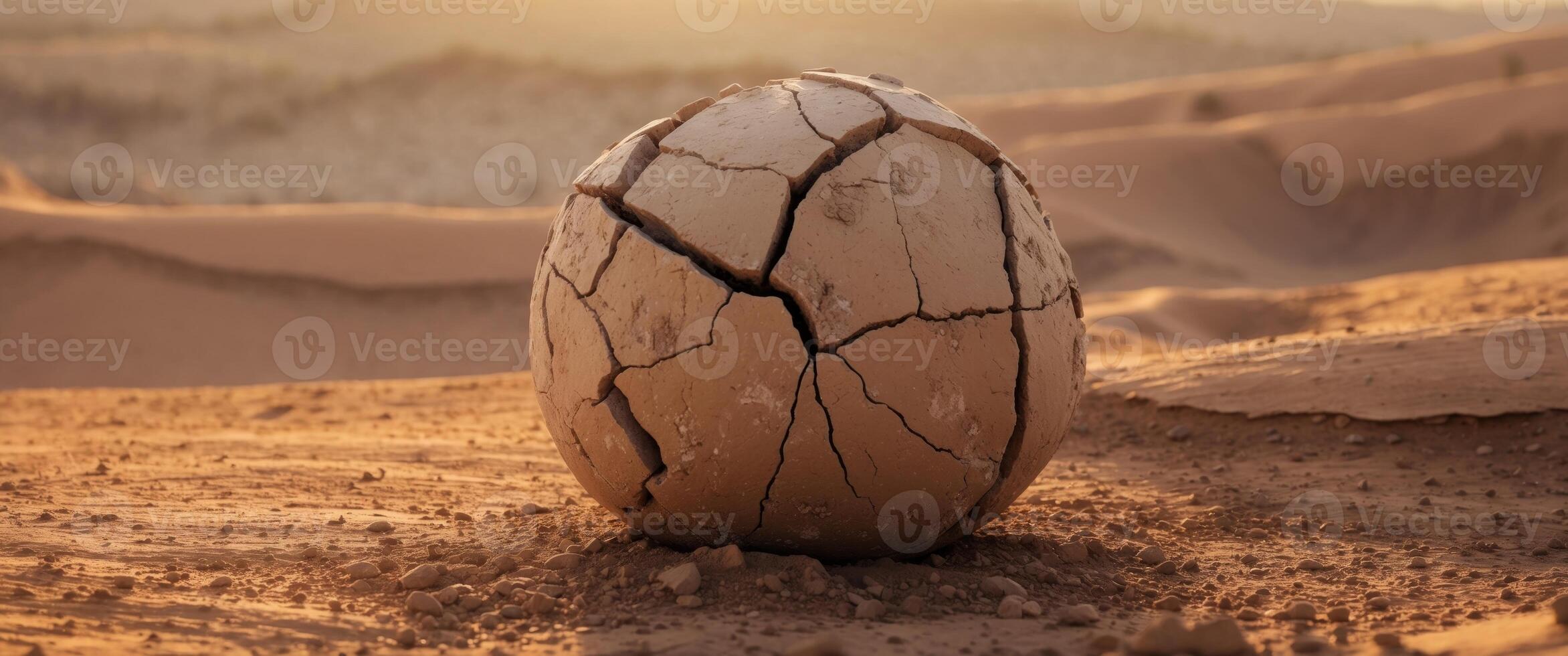 Cracked dried clay ball rests gently on warm earth under a golden sun. photo