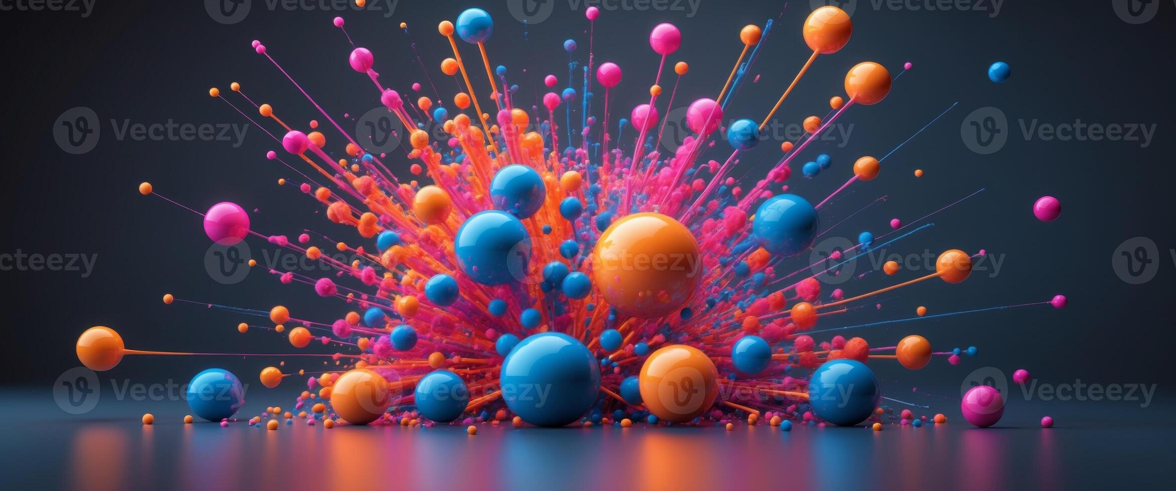 Colorful spheres exploding and creating abstract design on dark background. photo