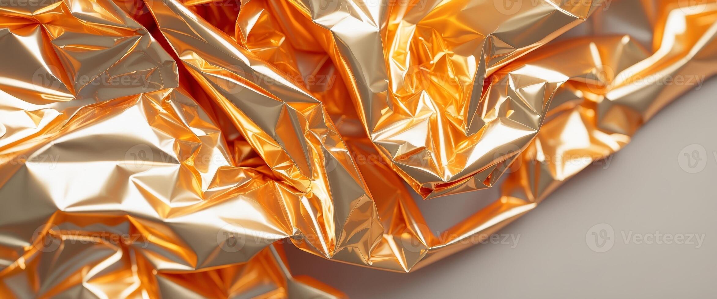 Close up festive abstract background of golden orange crumpled glossy metallic plastic foil. photo