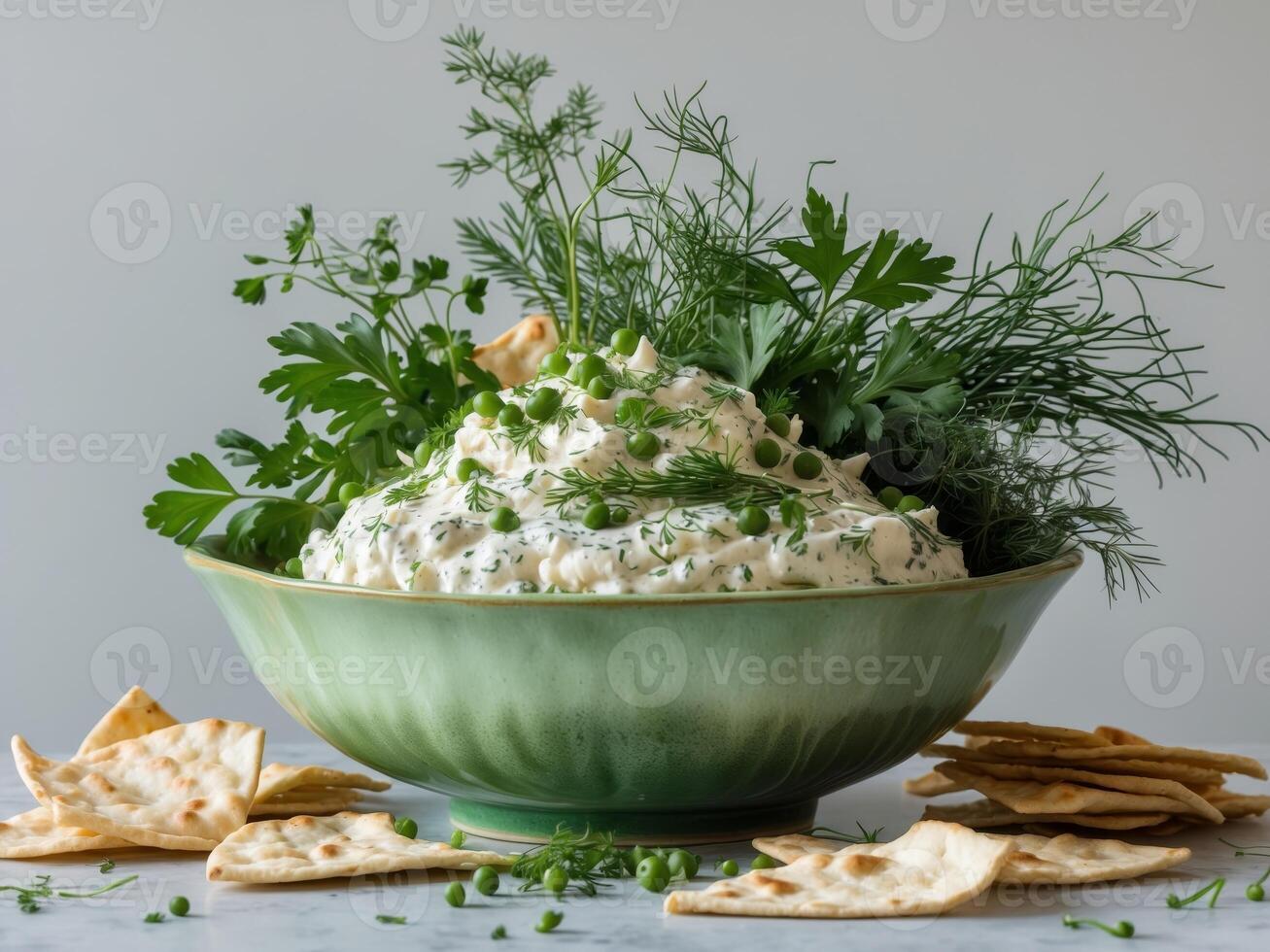 Creamy Dip with Fresh Herbs in Green Bowl. photo