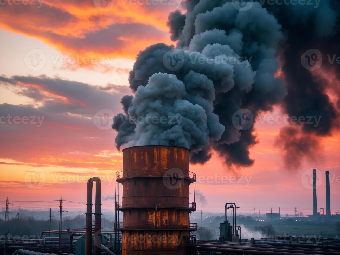 Close up of industrial smokestack emitting thick black smoke at sunset. photo