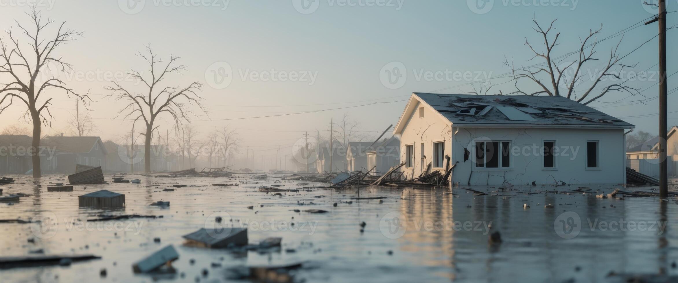 A fictional residential area devastated by flood damage. photo