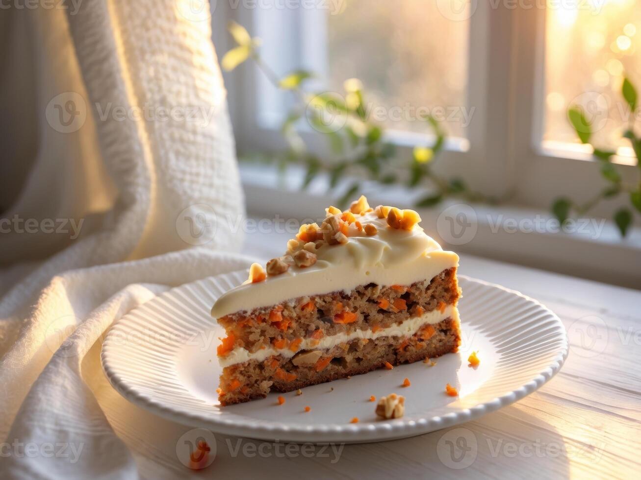 National Carrot Cake Day Homemade carrot cake slice with cream cheese frosting by sunny window photo