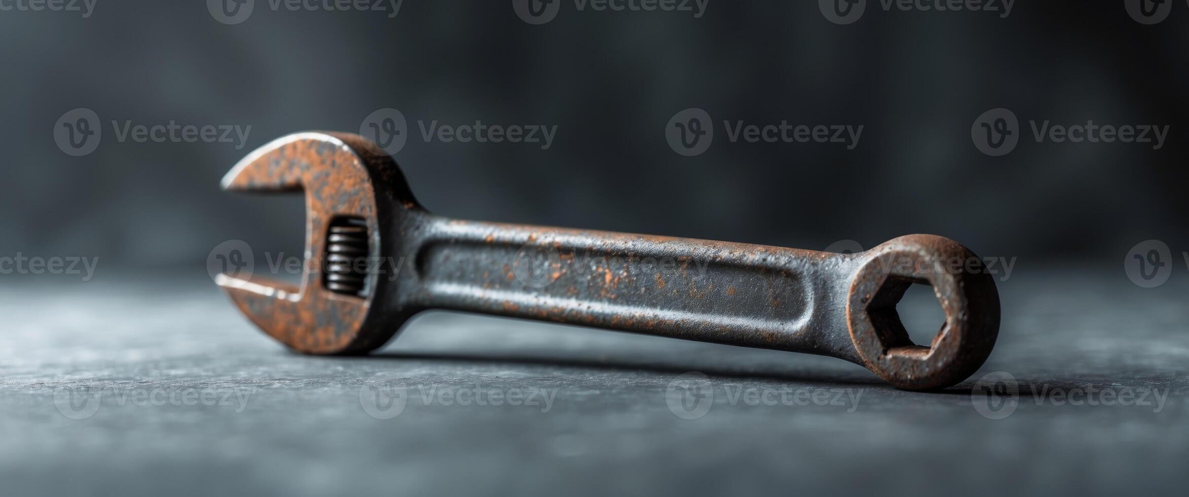 Close up of a rustic metal wrench on dark surface. photo