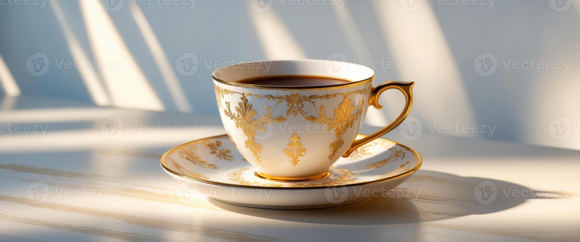 Elegant Golden Decorated Coffee Cup with Saucer on Luxurious Table Surface photo