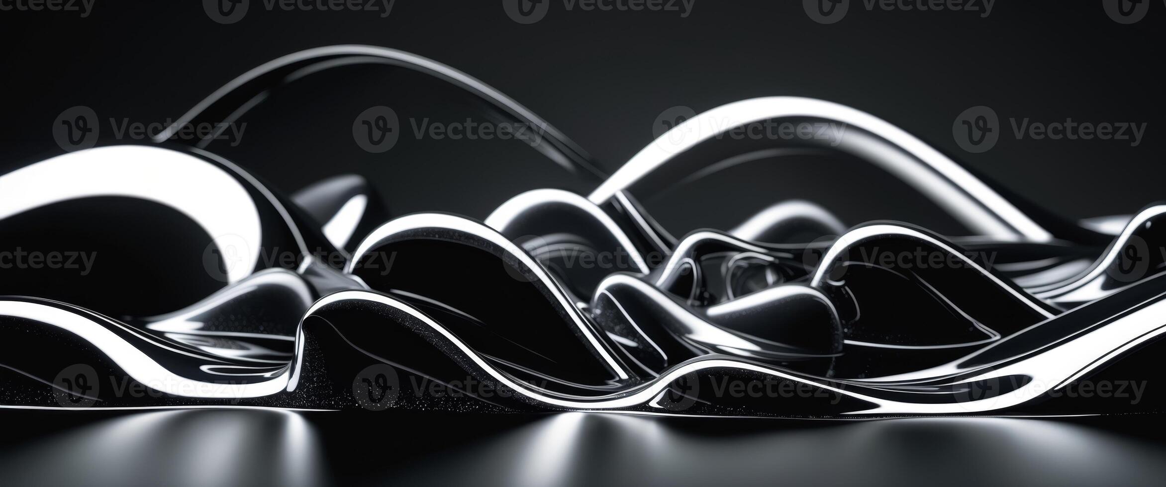 Liquid shapes and glossy textures create an intriguing black abstract design on a dark background. photo