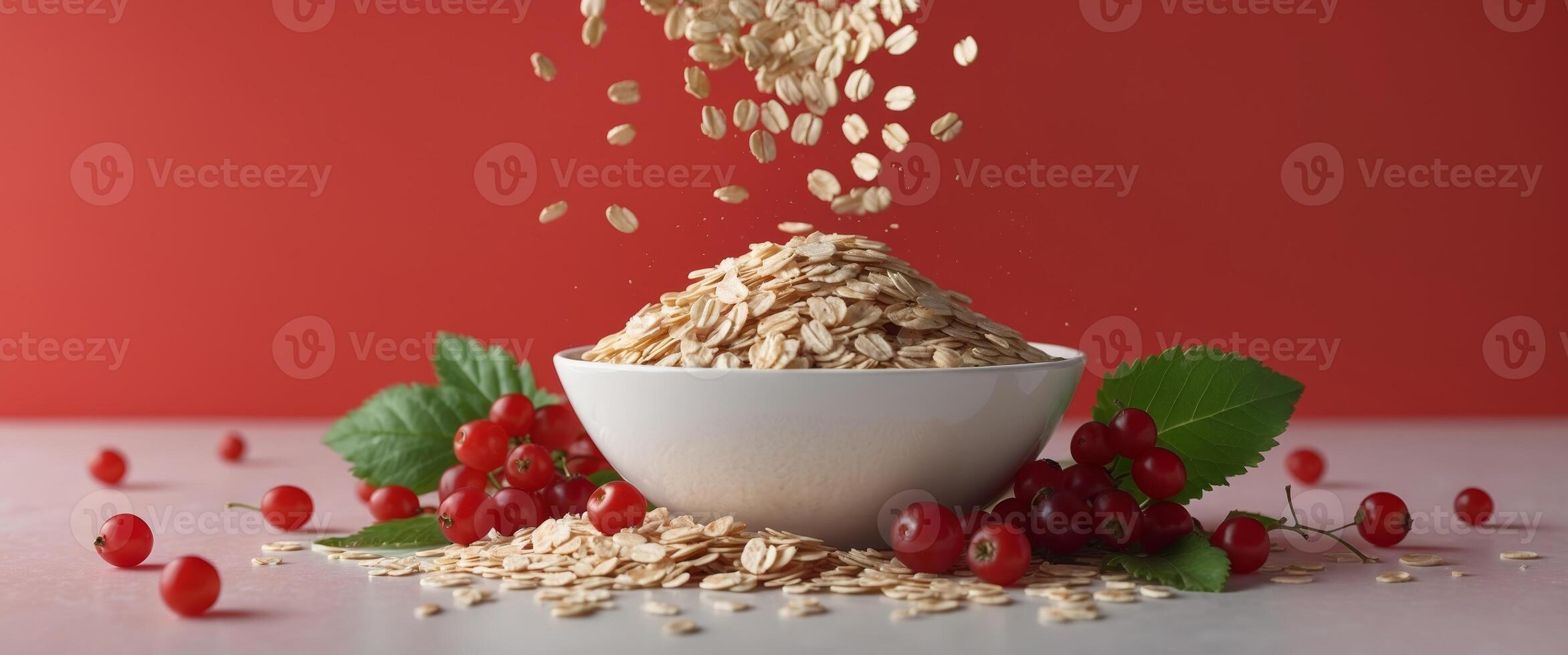 Rolled oat flakes in a bowl with fresh red currant berries and leaves on a vibrant red background for healthy eating concept photo