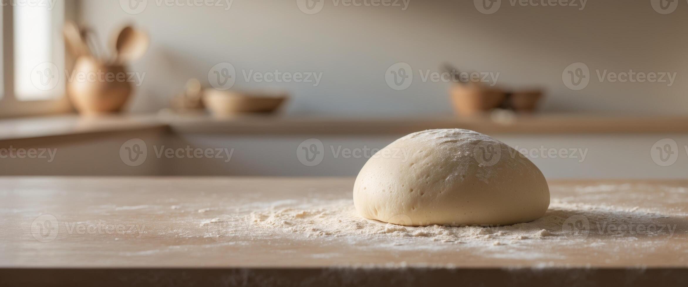 Dough ball resting on a floured surface ready for rolling in a cozy kitchen setting photo