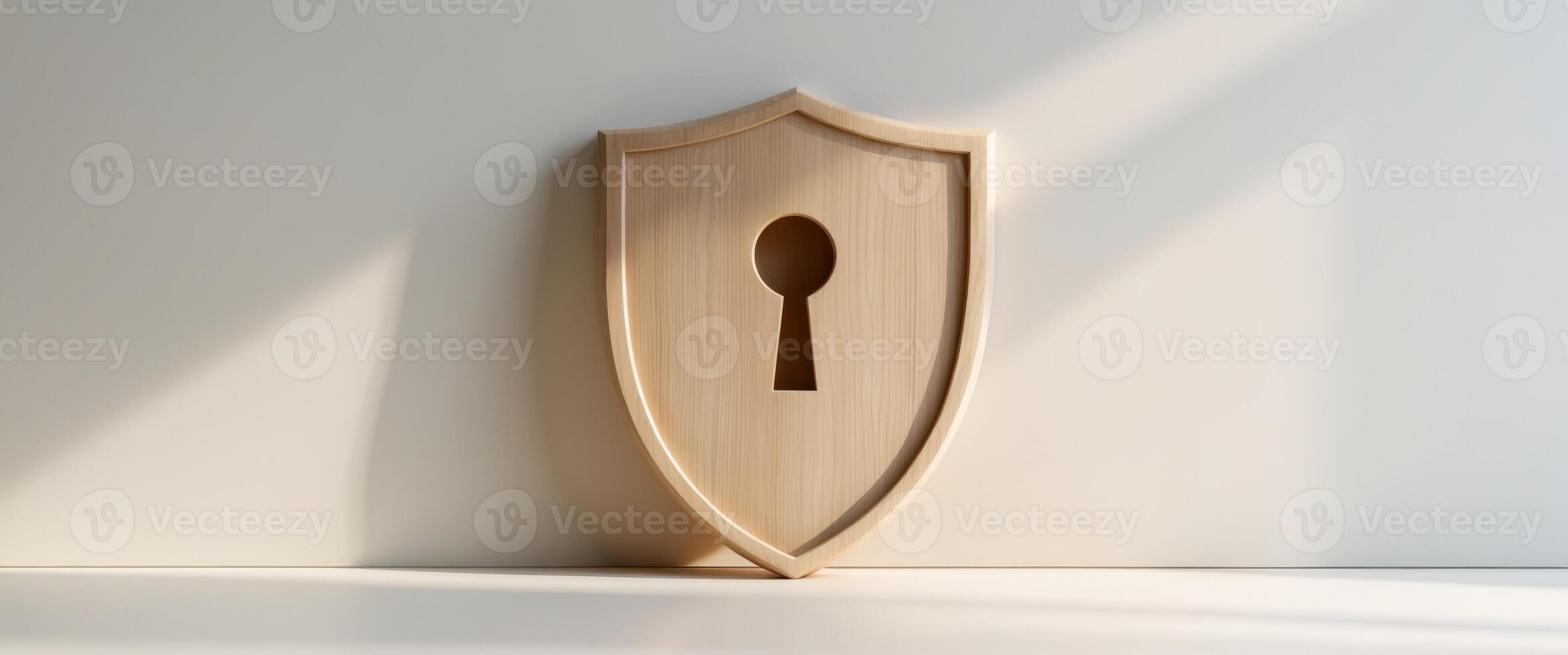 Wooden shield with keyhole symbolizing financial protection and security photo