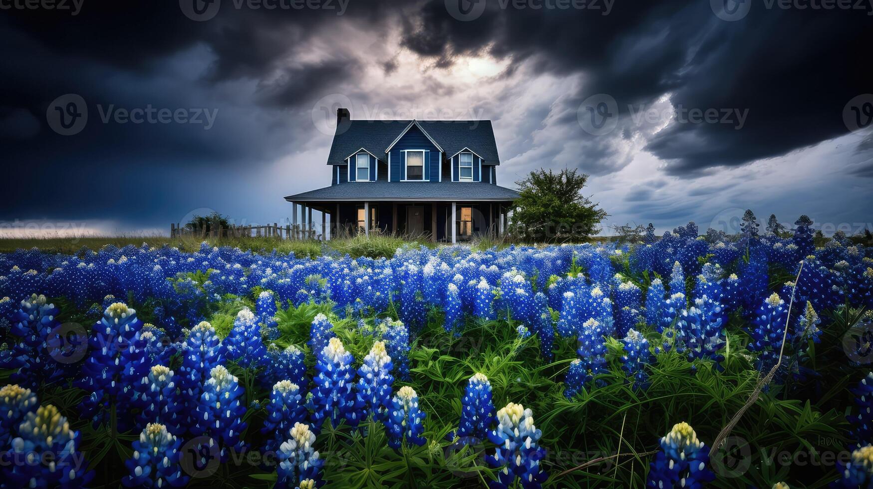 clouds bluebonnets house photo